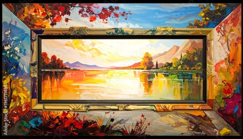 Vibrant Lakeside Landscape Painting with Intricate Frame Details and Warm Hues.