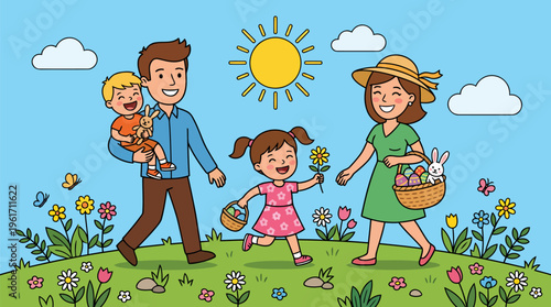 Father carrying child on shoulders during Easter walk trendy flat vector style