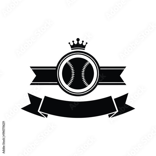 Baseball emblem vector with crown and ribbon banner, black silhouette sports logo design