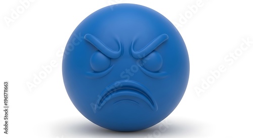 Blue rubber stress ball with angry face frowning