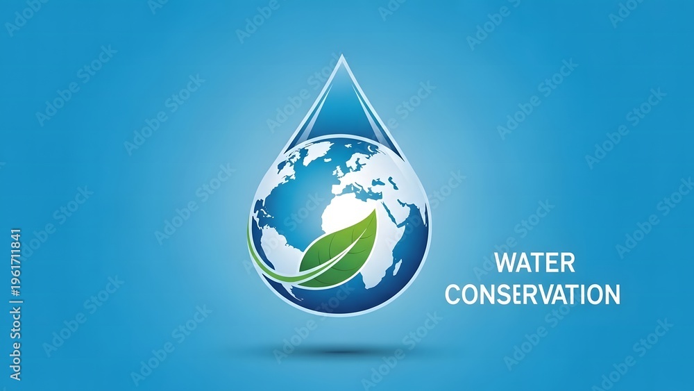 Fototapeta premium Water drop encapsulating Earth and green leaf, symbolizing conservation