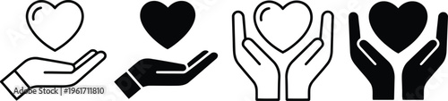 Collection of simple black and white icons featuring hands gracefully holding heart symbols