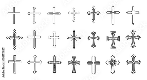 Crosses icon set with various shapes and line styles, including simple, ornate, and decorative designs, in black lines on white background.