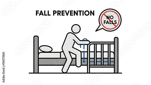 Fall prevention illustration with bed safety rails and person
