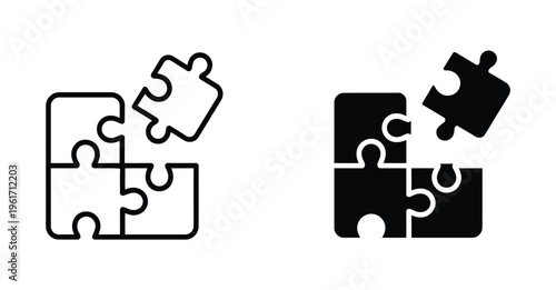 Puzzle icon, vector illustration of a jigsaw puzzle piece, clean flat and outline design representing problem solving, games, strategy, and teamwork, isolated on white background.