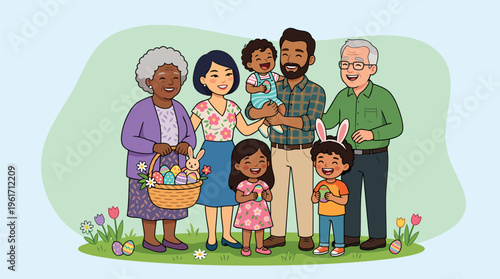 Diverse family group photo celebrating Easter modern minimalist flat vector art