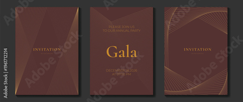 Luxury gala invitation card background vector. Golden elegant wavy gold line pattern on black background. Premium design illustration for wedding and vip cover template, grand opening.