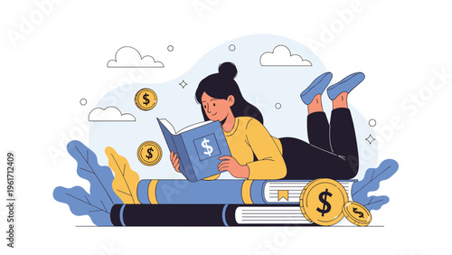 Young woman lies on a pile of large books while reading about personal finance and wealth management surrounded by gold dollar coins.