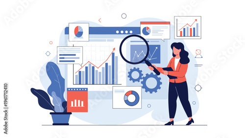 Businesswoman holds a magnifying glass to closely examine growth charts and analytical data on a large dashboard for strategic planning.