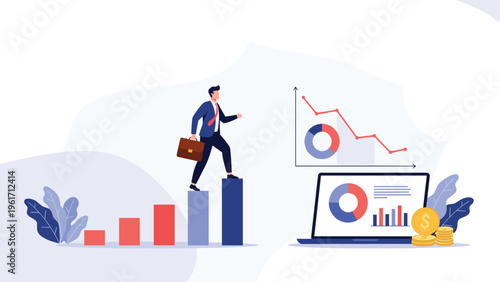 Successful businessman walks up a rising bar chart towards financial growth while various data visualizations appear on a nearby laptop.