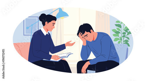 Professional therapist provides mental health support and counseling to a depressed young man sitting on a chair in a quiet office setting.