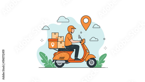 Courier riding a bright orange delivery scooter carries multiple cardboard boxes for fast shipping services in an urban environment.