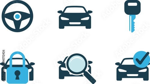 Comprehensive set of blue and grey vehicle related icons for modern digital applications