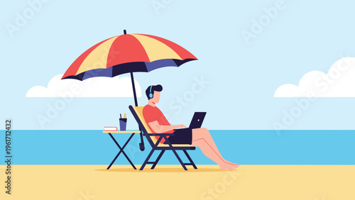 Freelancer works on his laptop while sitting on a beach chair under a colorful umbrella with a beautiful ocean view in the background.
