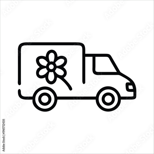 Black line drawing of a delivery truck with a flower on the side panel