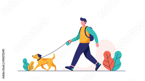 Young man wearing a backpack walks his pet dog through a park with colorful leaves on the ground on a bright and pleasant day outdoors.