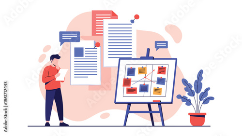 Focused man reviews a project planning board filled with colorful sticky notes and documents to organize tasks and creative ideas.
