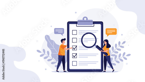 Team of people examines a giant checklist with a magnifying glass to verify completed tasks and ensure thorough project management.