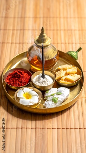 Close-up of ceremonial items arranged on a tray, incense burning, floral & spices