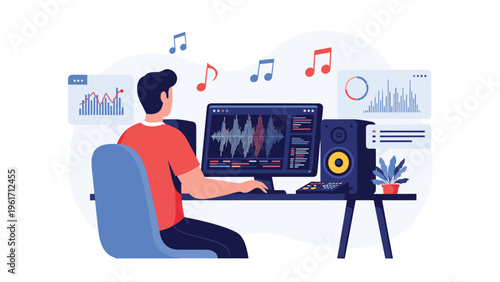 Music producer works at his desktop computer with professional studio monitors and audio software to compose and edit sound tracks.