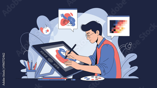 Creative digital artist uses a stylus to draw illustrations on a professional graphics tablet while surrounded by colorful design tools.