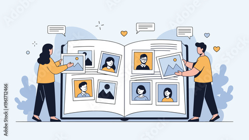 Two people arrange various portrait photographs and pictures into a giant open photo album to preserve family memories and history.