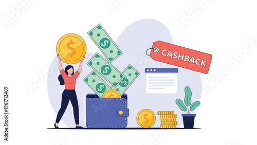 Young woman holds a large gold coin near a wallet overflowing with money and a cashback tag to represent savings and reward programs.