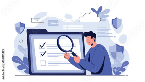 Man uses a magnifying glass to inspect a digital checklist on a screen with security shields for data protection and quality assurance.