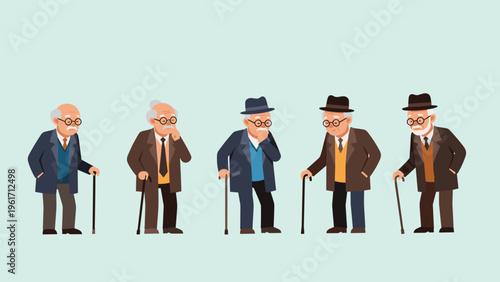 Five elderly men with glasses and walking canes stand in a row showing different stages of aging and character in a simple vector style.