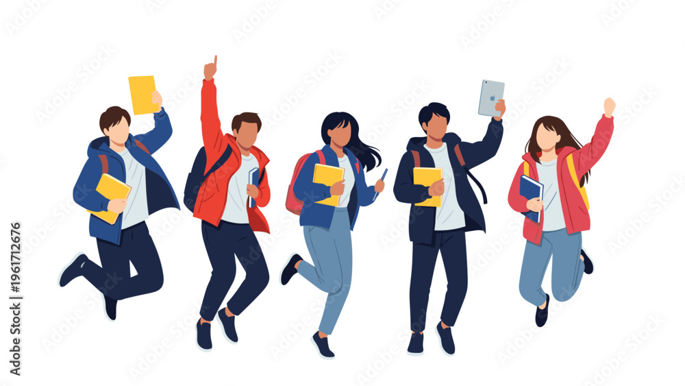 Fototapeta premium Group of diverse students jumping for joy while holding books and tablets celebrating academic graduation success.