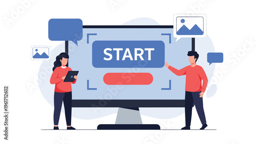Two people standing next to large monitor with start button icons and speech bubbles representing website project launch.