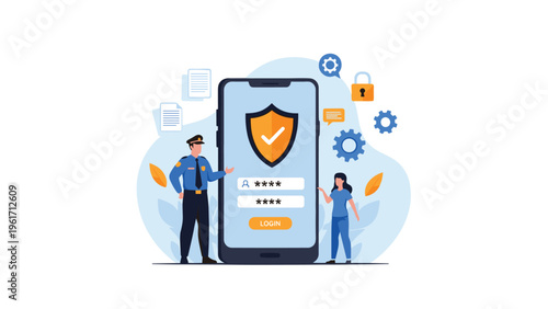 Security officer and woman standing next to large smartphone showing secure login screen with shield protection concepts.