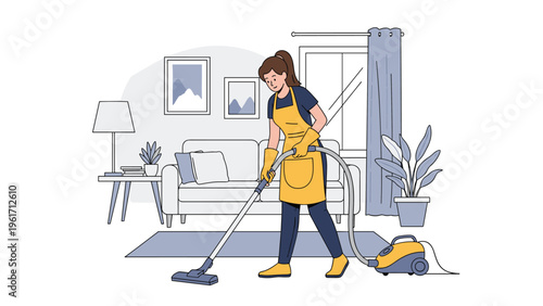 Professional cleaning service employee vacuuming living room floor in modern apartment with sofa and domestic plants.