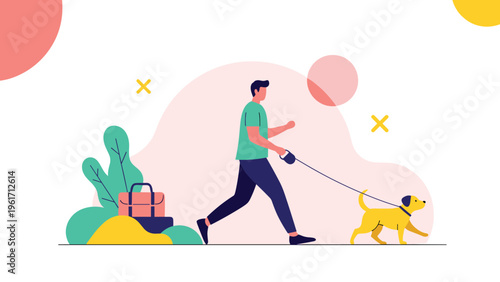Active man walking his yellow dog on leash outdoors in front of colorful abstract shapes representing healthy lifestyle.