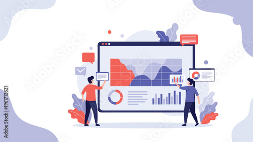 Two analysts working on data visualization dashboard with various charts representing business performance monitoring.