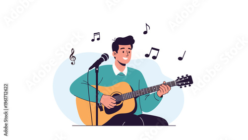 Young man playing acoustic guitar and singing into microphone with music notes floating around for musical performance.