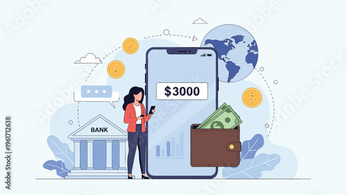 Woman holding smartphone with money floating and large bank building in background for digital mobile banking concepts.