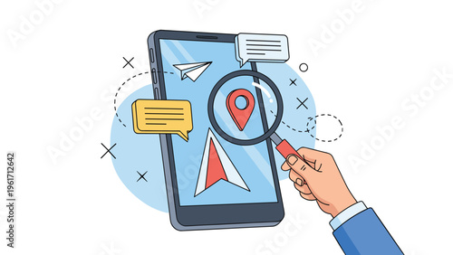 Hand holding magnifying glass over smartphone with map pin and navigation icons representing online location services.