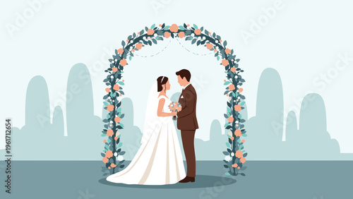 Bride and groom standing under floral arch on wedding day with soft hills in background representing romantic celebration.