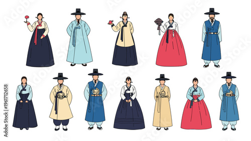 Collection of male and female characters wearing traditional Korean Hanbok in various colors for cultural heritage.