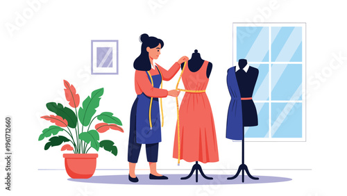 Fashion designer measuring orange dress on mannequin in creative studio with sketches illustrating tailoring process.