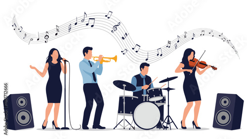 Musical band performing with singer trumpet player drummer and violinist with music notes for live event concepts.