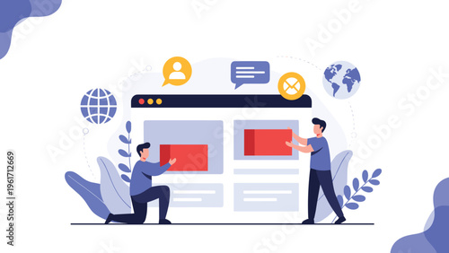 Two people placing content boxes on large web browser interface representing website building and user experience design.