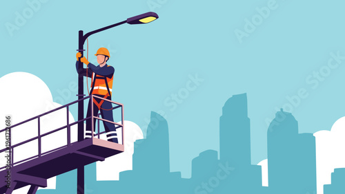 Electrician in safety gear working on street light pole with city skyline representing urban infrastructure maintenance.