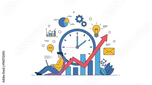 Specialist working on laptop with large clock and rising arrow for time management and business productivity growth.