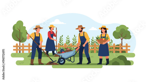 Team of agricultural workers gardening together in a farm field with various tools like rakes and wheelbarrows to harvest fresh produce.