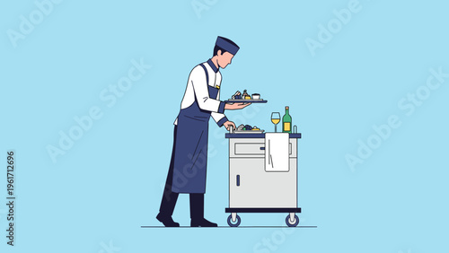 Professional waiter in uniform preparing food on serving cart for restaurant service depicting hospitality concepts.