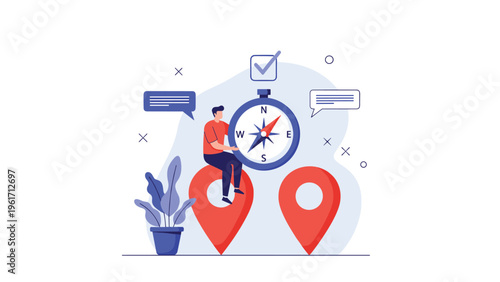 Person sitting on large map pin with compass and speech bubbles representing navigation guidance and trip planning concepts.
