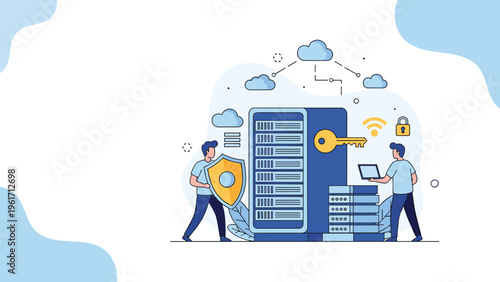 Two specialists securing large server database with shield and key icons representing cybersecurity protection systems.