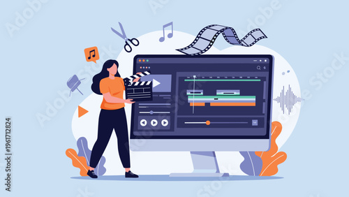 Creative video editor using a clapperboard and a large computer screen to edit multimedia content with timelines, sound waves, and music icons.